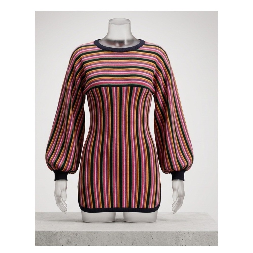 Vtg 70s Mod Acrylic Mini Dress/Tunic Sweater Striped Balloon Sleeve Multi-Color